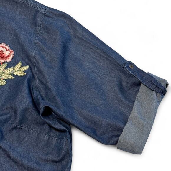 MPH Collection Plus Size Denim Tunic Shirt 2X Floral Applique 3/4 Sleeve Cottage - Picture 7 of 10